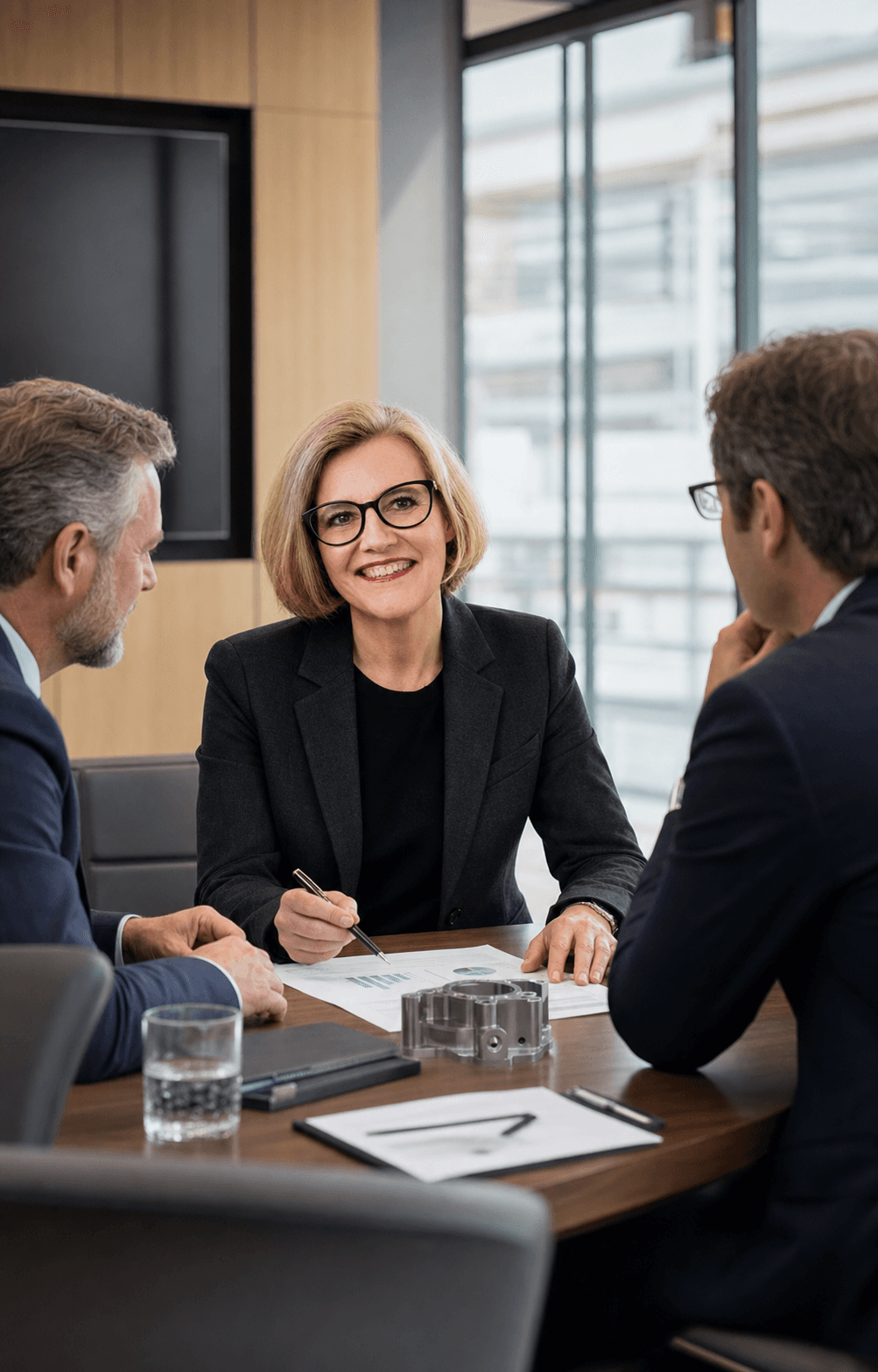 Christine Caillaud guida un incontro di business development con due responsabili industriali